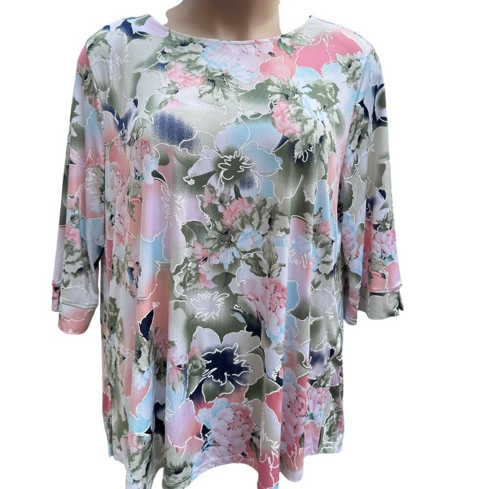 N Touch Embossed Floral Pullover Top Womens 1X Multicolor 3/4 Sleeve Loose Fit - Picture 9 of 14